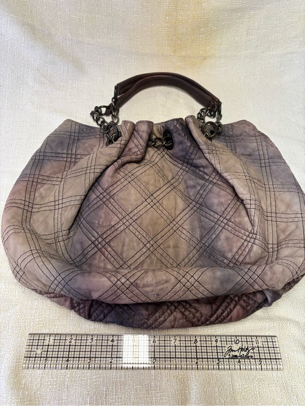 AllSaints Quilted Drawstring Hobo in Taupe and Plum-Gray